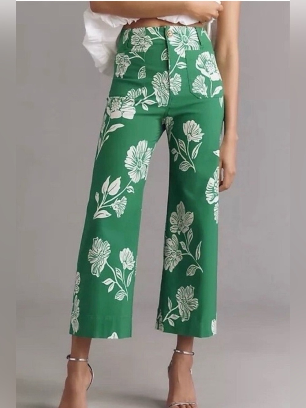 Anthropologie Maeve The Colette Cropped Wide-Leg Pants Green Floral Size 32